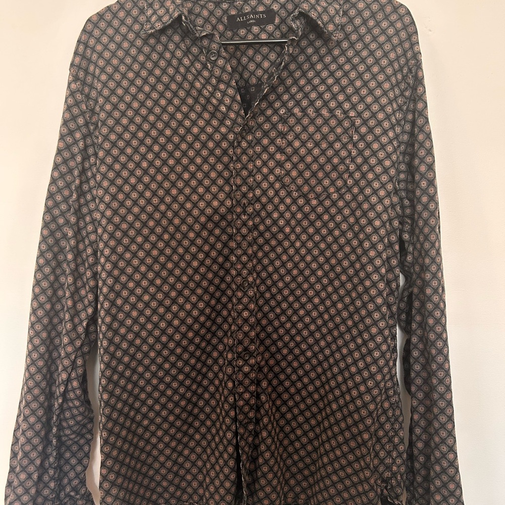 All Saints Black Geometric Print Long-Sleeve Button-Up Shirt